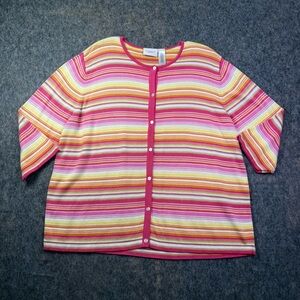Liz Claiborne Cardigan Womens Sz 2X Pink/Yellow Stripe 3/4 Sleeve Button Sweater